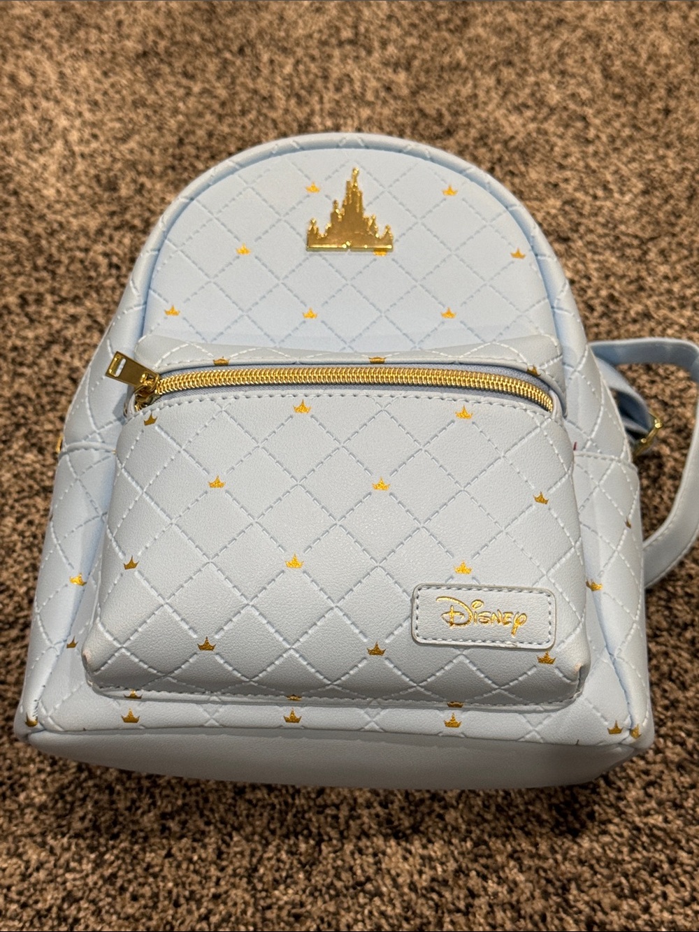 Disney Pale Blue Quilted Mini Backpack with Gold Cinderella Castle Emblem - Picture 9 of 9